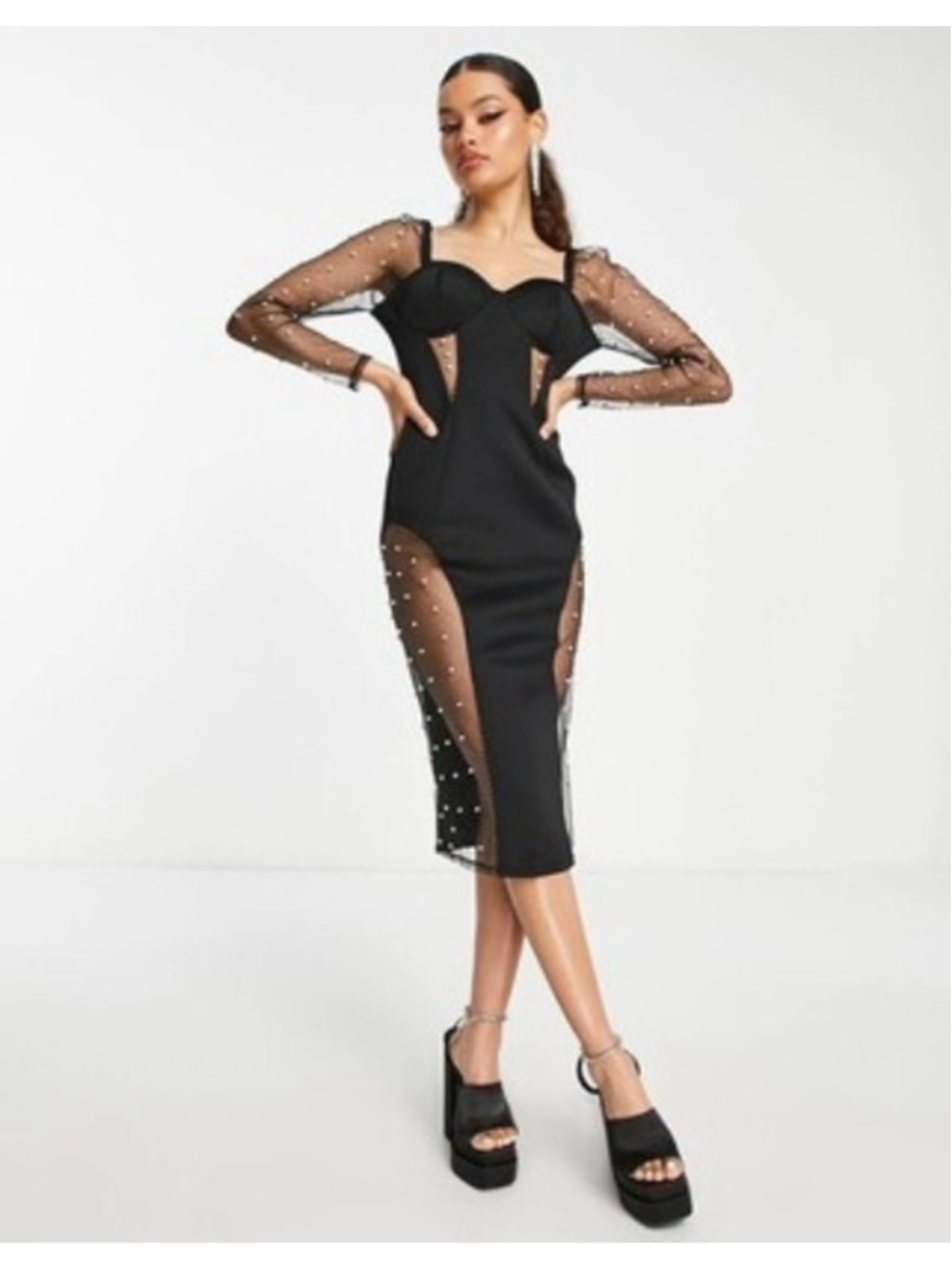 ASOS DESIGN Petite glitter insert pearl mesh midi pencil dress in black - Size 6